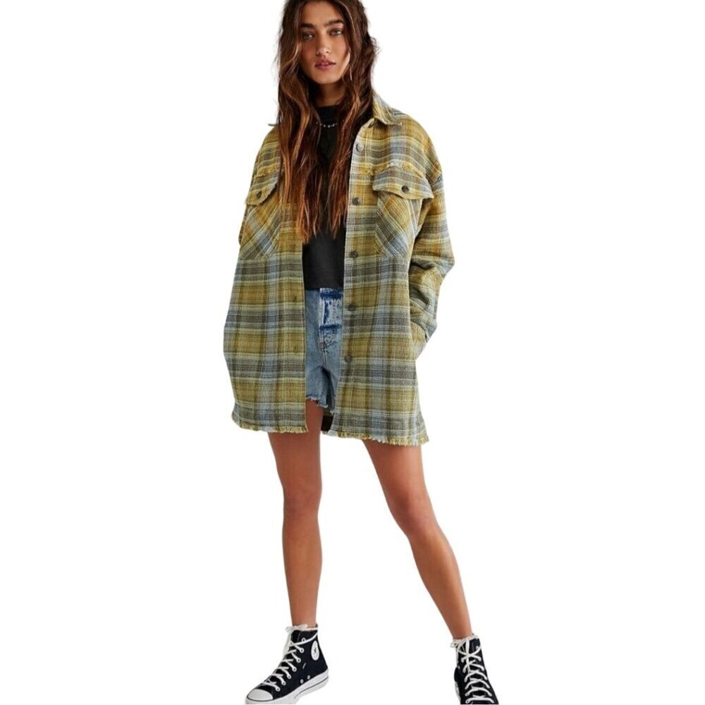 Free People We The Free Anneli Shirt Jacket Plaid Pockets Oversized Size XS